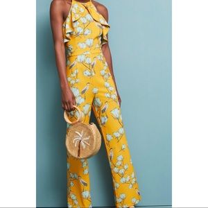 Anthropologie yellow jumpsuit floral